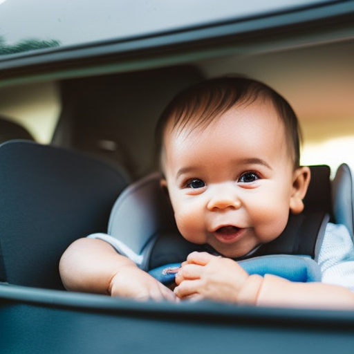 An image showcasing a smiling toddler securely positioned in a rear-facing car seat, with the focus on their delicate bones