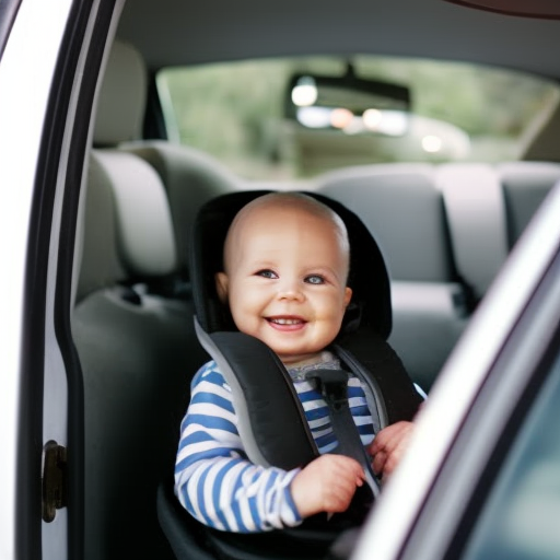 An image showcasing a sturdy rear-facing car seat installed in a vehicle, with a smiling infant securely strapped in