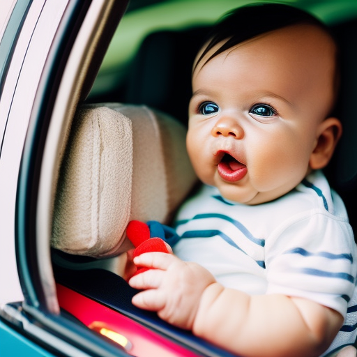 An image showcasing a contented baby in a rear-facing car seat, gazing at a hanging toy