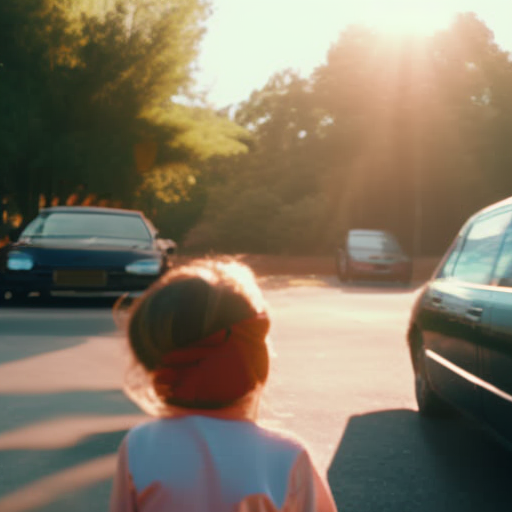 An image showcasing a parked car under the scorching sun, with an anxious parent rushing towards it, desperately reaching for the door handle, while a concerned passerby observes, highlighting the urgency of preventing heatstroke in children