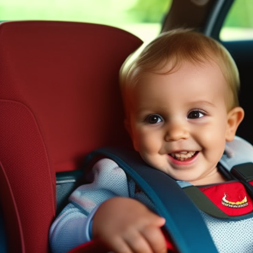 An image featuring a rear-facing car seat, positioned securely in the backseat of a vehicle, with a smiling toddler securely fastened inside, showcasing the recommended age-appropriate car seat guidelines for optimal road safety