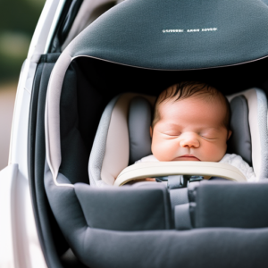 An image that showcases a newborn nestled in a state-of-the-art car seat, with plush padding hugging their tiny frame, a secure 5-point harness, and a sleek design that exudes safety and comfort