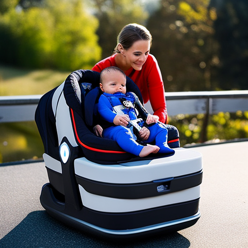 An image showcasing a newborn safely buckled into a car seat, highlighting the various safety features: side-impact protection, five-point harness, energy-absorbing foam, and compliance with rigorous safety certifications like FMVSS 213 and ECE R44/04