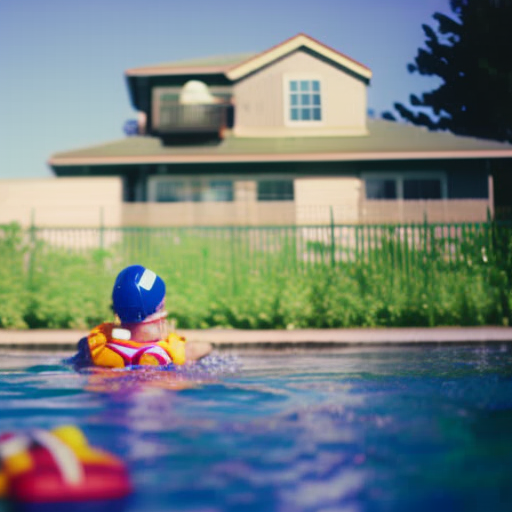 An image depicting a serene swimming pool surrounded by a secure fence, where a vigilant parent supervises a joyful baby splashing safely in the shallow water while wearing a colorful, well-fitted life jacket