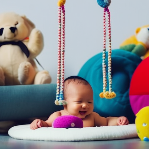An image of a smiling baby surrounded by colorful, soft toys, with a mobile hanging above