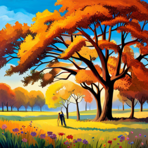 An image capturing a family enjoying a picnic under a leafy oak tree, with a colorful kite soaring high against the clear blue sky, while a joyful dog eagerly fetches a frisbee amidst a field of vibrant wildflowers in a serene, sun-drenched park setting