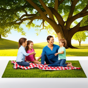 An image showcasing a family having a joyful picnic on a checkered blanket under the shade of a towering oak tree, while nearby, children laugh and enjoy themselves on a colorful, budget-friendly playground