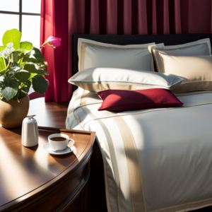 An image of a serene bedroom bathed in soft morning light, with a neatly made bed, a steaming cup of coffee on a nightstand, and a sunbeam streaming through sheer curtains, inviting readers to discover the secrets of saving precious morning time