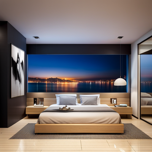 An image showcasing a serene bedroom scene at night, with soft, warm lighting and a cozy atmosphere