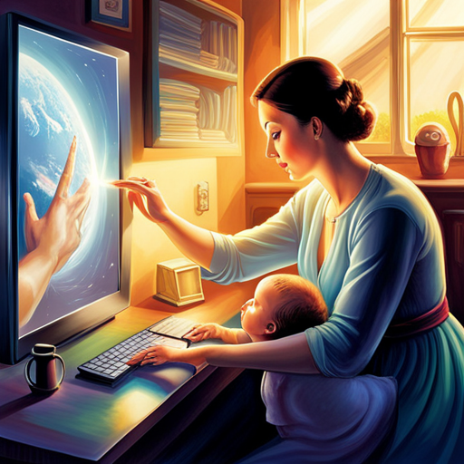 An image depicting a baby reaching out to touch a glowing screen, while a concerned parent looks on with a worried expression