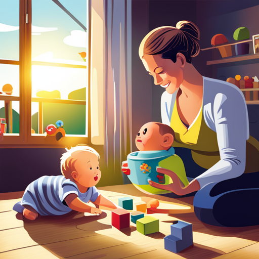 An image depicting a cozy nursery with sunlight streaming through the window, where a smiling parent and baby engage in tactile play, surrounded by colorful toys, books, and musical instruments, emphasizing the importance of limiting screen time for optimal early development