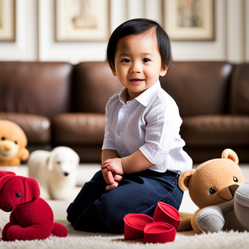An image showcasing a smiling baby, sitting in a cozy living room, surrounded by soft toys