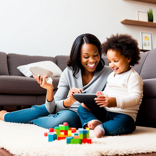 An image featuring a parent and baby sitting on a cozy couch, surrounded by colorful toys and books, with the TV turned off and a tablet placed out of reach