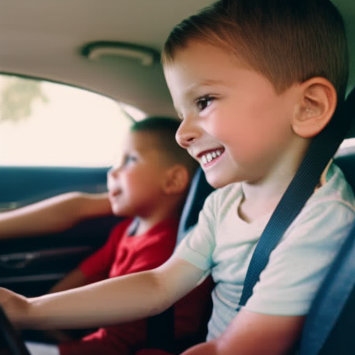 An image depicting a parent using a hands-free device while driving, with children in the backseat engaged in quiet activities like reading or playing with toys, emphasizing the importance of minimizing distractions for secure travel