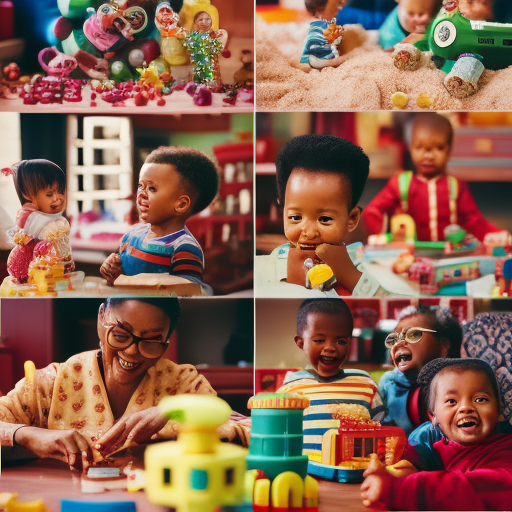  Create an image depicting a collage of diverse parents joyfully engaged with their children, surrounded by a colorful array of educational toys