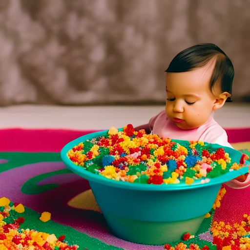An image depicting a toddler with outstretched arms, exploring a colorful sensory bin filled with vibrant sand, scented flowers, textured fabric, musical instruments, and taste-safe fruits, engaging all five senses