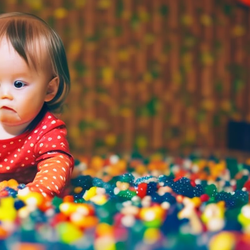 An image showcasing a toddler engrossed in a sensory bin filled with colorful, textured objects, stimulating their cognitive development