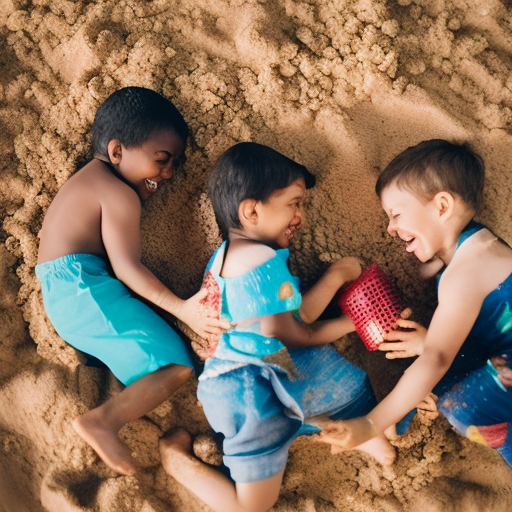  Capture a vibrant image of children engaging in sensory play together, laughing joyfully while sharing tactile experiences with sand, water, and textured objects, fostering their social skills through cooperative play and communication