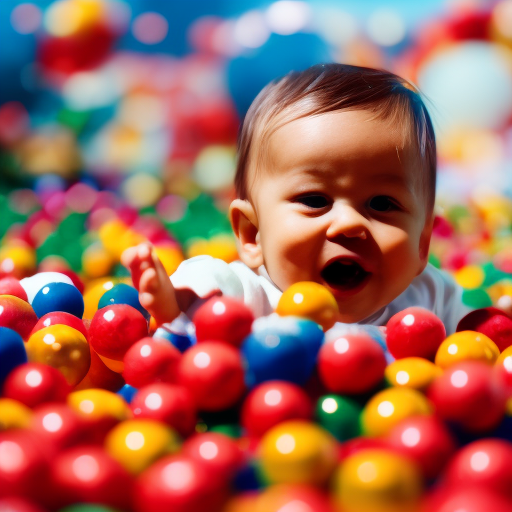 An image capturing the joyous moment of a toddler immersed in a colorful ball pit, their tiny hands grasping vibrantly hued balls, as they enhance their motor skills, balance, and coordination through tactile exploration
