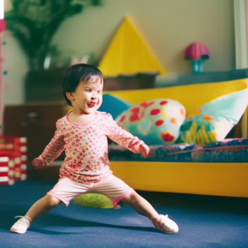 An image showcasing a joyful three-year-old engaging in physical activities like jumping, dancing, and running, surrounded by colorful toys and a bright, sunlit room, inspiring parents to encourage regular physical activity for better sleep