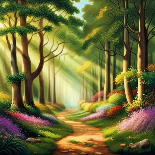 An image capturing a serene nature path embraced by lush greenery, where dappled sunlight filters through towering trees
