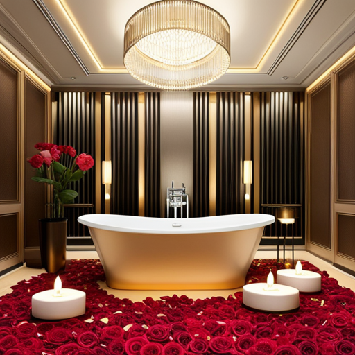 An image featuring a serene bathroom scene: a luxurious tub filled with warm water and rose petals, surrounded by flickering scented candles, while a parent indulges in a blissful aromatherapy experience