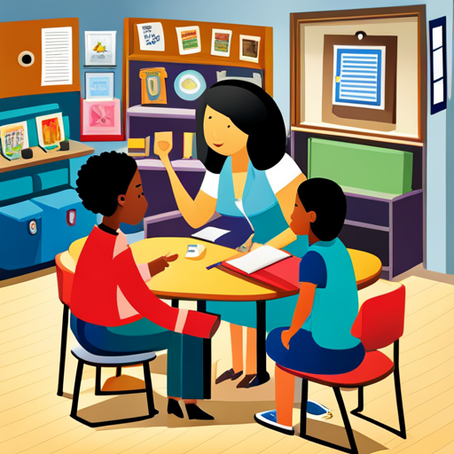 An image depicting a parent and a teacher engaged in a friendly conversation during a school event, surrounded by children's artwork and a bulletin board displaying personalized notes of appreciation