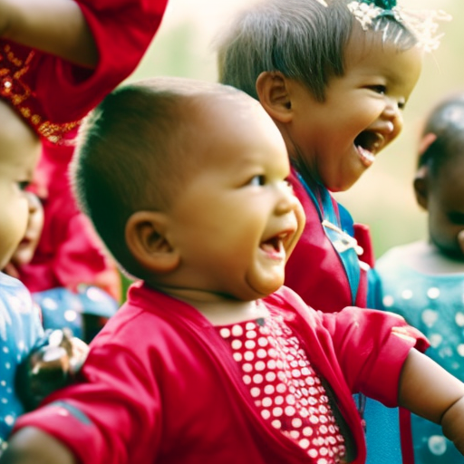 An image showcasing a group of smiling infants engaged in interactive play, demonstrating the vital role of social skills development in fostering emotional intelligence, empathy, and successful relationships later in life