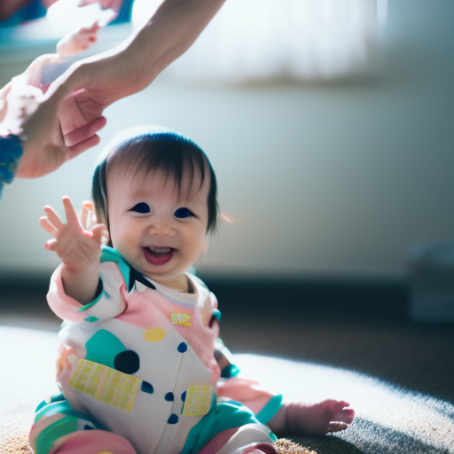 An image capturing the joyous moment of an infant engaged in early interactions, with a beaming smile and sparkling eyes, as they reach out towards a caregiver's outstretched hand