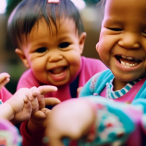 An image featuring a group of giggling infants engaging in parallel play, their tiny hands reaching out to touch and explore each other's faces, highlighting the importance of early social interactions in fostering social skills development