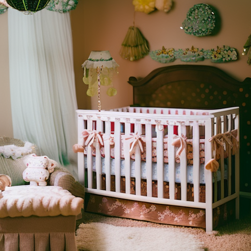 An image showcasing a beautifully adorned standard crib, embellished with a plush quilt, delicate mobile, soft crib bumper, and a cozy fitted sheet, all exuding a serene and inviting atmosphere for your little one