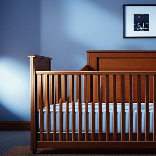An image depicting a standard crib, showcasing its safety features such as adjustable mattress heights, smooth edges, sturdy construction, and adherence to safety regulations like slat spacing and absence of drop-side mechanisms