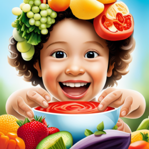 An image capturing a smiling baby, surrounded by an array of colorful and nutritious finger foods, exploring textures and flavors independently, as they confidently grasp a piece of food and take their first bite