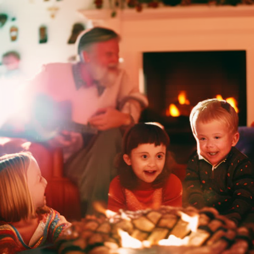 An image depicting a cozy living room with a crackling fireplace, where a parent lovingly tells a story to children gathered around, their faces filled with wonder