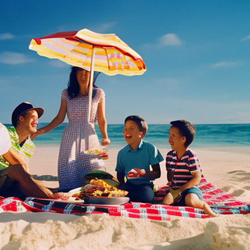An image of a serene beach picnic, with a happy family leisurely sharing a meal on a checkered blanket