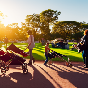 Strollers For Sale Near Me 4 An image capturing a vibrant city park scene, showcasing an array of sleek, modern strollers lined up for sale