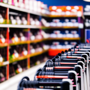 An image showcasing a row of sleek, modern strollers neatly lined up in a vibrant store display