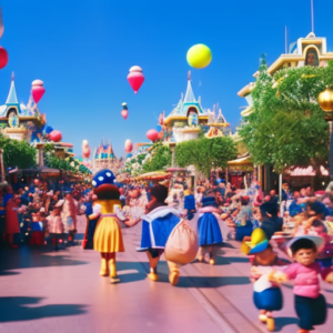 An image capturing the enchantment of Disneyland's Main Street, lined with vibrant strollers adorned with Mickey Mouse ears, rainbow-colored balloons, and excited children peering out, eager to explore the magical kingdom beyond