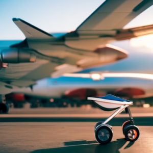 An image showcasing a sleek, compact stroller effortlessly sliding into an airplane's overhead bin