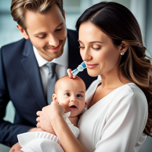An image that captures the essence of a mother gently using a nasal aspirator to clear her baby's congested nose, showcasing the clear tube attached to the device delicately extracting the mucus, providing relief and comfort