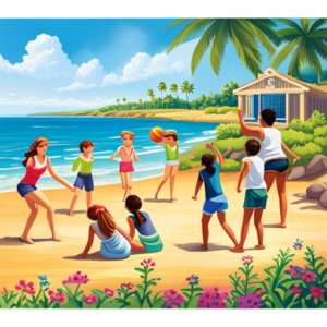 An image showcasing a group of school-age children participating in a variety of summertime activities, such as swimming, playing outdoor games, riding bicycles, and building sandcastles on a sunny beach