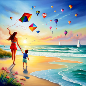 An image featuring a vibrant beach scene with children building sandcastles, splashing in the waves, and flying colorful kites against a clear blue sky