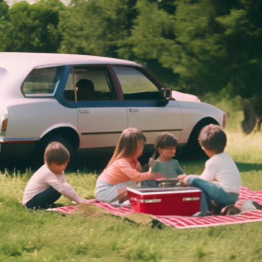 An image depicting a family car ride in the countryside, with a scenic rest stop in the background