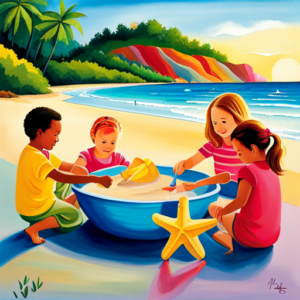 An image showcasing a group of preschoolers joyfully engaged in a variety of summer crafts, including painting seashells, making colorful paper fans, and constructing vibrant sand art masterpieces on a sunny beach