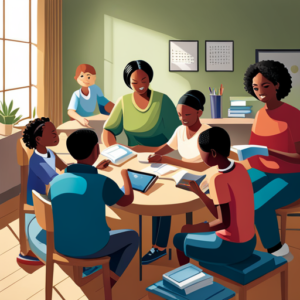 An image that portrays a diverse group of children engaged in various activities, such as reading with a tutor, using assistive technology, and collaborating on a project, highlighting the inclusivity and support provided to children with learning disabilities