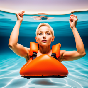 An image showcasing a serene pool setting with a confident baby, approximately 6-12 months old, floating calmly on their back, wearing a bright orange flotation device while being closely supervised by a skilled instructor