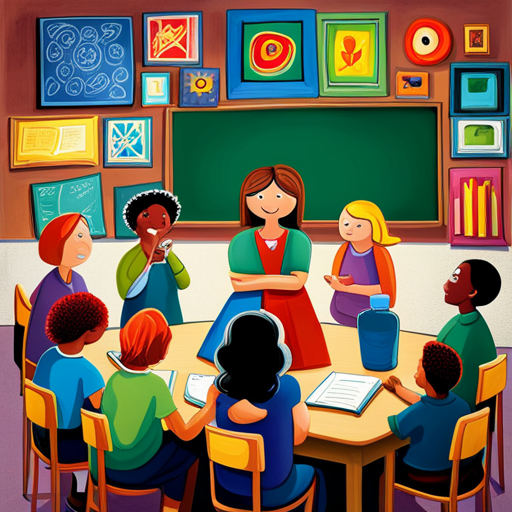 An image depicting a concerned parent and a friendly teacher engaged in a thoughtful conversation, surrounded by colorful children's artwork and a chalkboard filled with doodles, symbolizing open communication and collaboration during 'Surviving Kindergarten Week