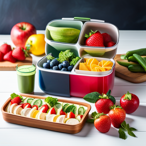 An image showcasing a vibrant lunchbox packed with colorful fruits, veggies, and a variety of nutritious snacks