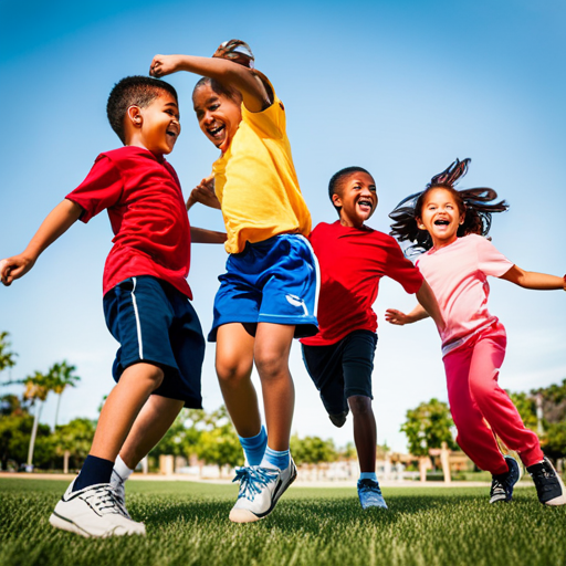 An image displaying a group of diverse kindergartners engaged in a game of tag during recess, their smiles and laughter radiating joy, encouraging social skills and fostering new friendships