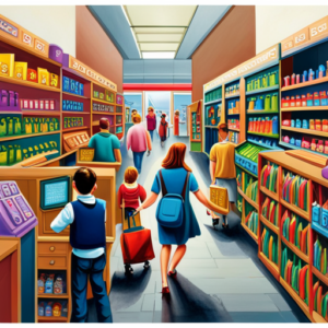 An image capturing the chaos of back-to-school shopping; a crowded store aisle filled with parents clutching shopping lists, children trying on shoes, and overflowing shopping carts packed with colorful school supplies